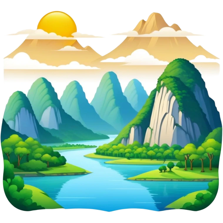 Li River karst mountains Guilin, simplified emoji style with bold outlines and bright colors, cartoon style mountains with river emoji
