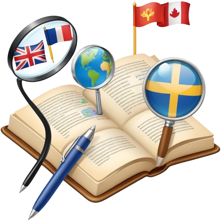 An icon featuring an open book, a pen, and speech bubbles, symbolizing philology and linguistics. The design includes alphabet letters, a magnifying glass, and flags of different countries, representing global languages and communication. Transparent background highlights language study. emoji