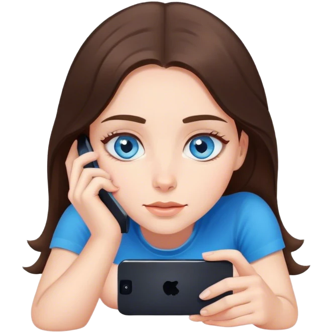 White girl brunett blue eyes, laying on stomach  using her phone emoji