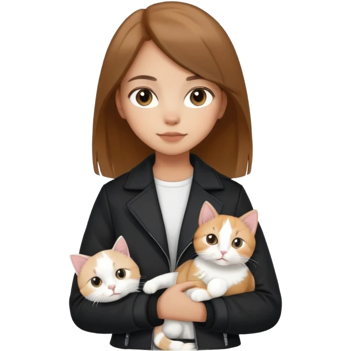 Light-skinned girl with brown straight hair wearing a black jacket, holding one completely white cat and one calico cat emoji