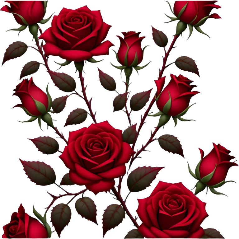A hauntingly beautiful scene of deep red Gothic roses, their velvety petals unfolding in shades of ruby, burgundy, and scarlet. Dark thorns twist around them, emerging from the shadows like a forbidden love story. emoji