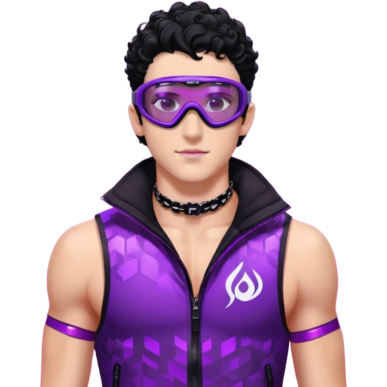 male athlete with white skin and moderately curly black hair on top with shaved sides, wearing ski goggles with purple frames and very dark black lenses, a simple plain black chain necklace, and a completely unzipped sleeveless vest with purple and black sequin fire pattern design, fully revealing his chest, shoulders and arms, no earrings emoji