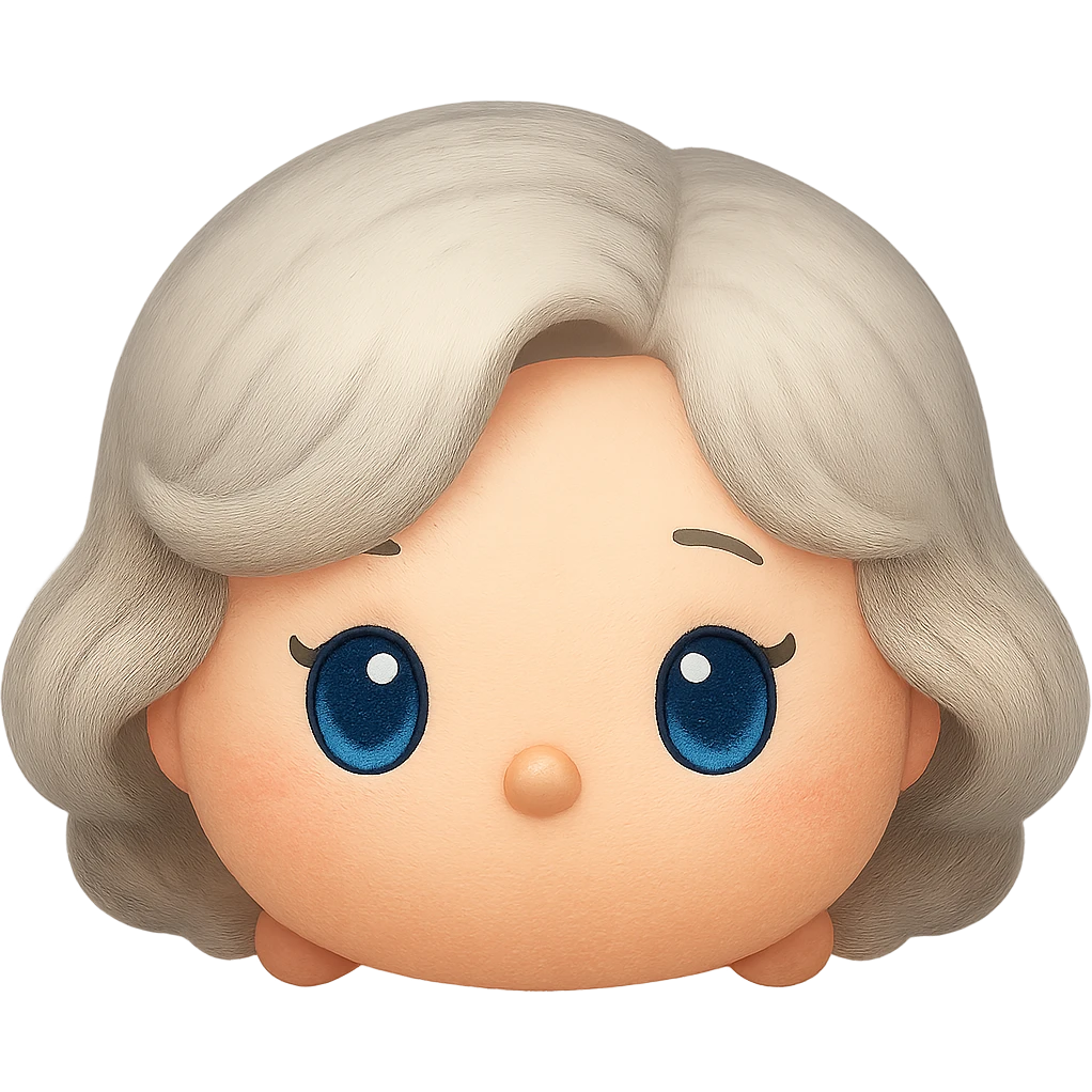 Change hair to pure silver grey with no blue or yellow cast, plush tsum tsum style, blue eyes, 1940s bob haircut, no body, no mouth, no white border, transparent background. emoji