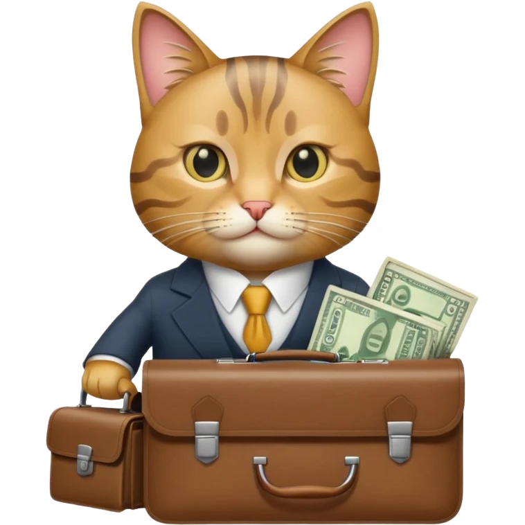A business cat with a briefcase full of money, looking confident emoji