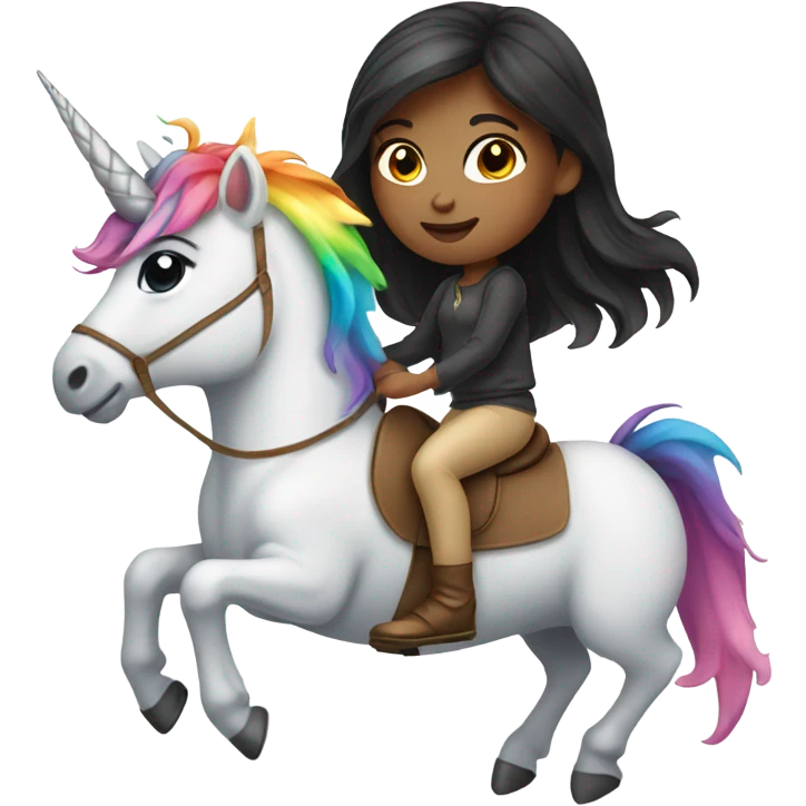Girl-dark hair-riding-rainbow-unicorn emoji