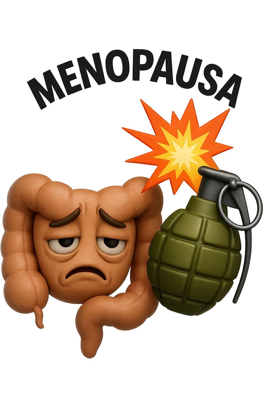 EMOJI STILE IPHONE 3D DI INTESTINO SFINITO CON ESPRESSIONE STANCA, ACCANTO A LUI SCOPPIA UNA GRANATA 3D CON LA SCRITTA "MENOPAUSA" SOPRA emoji