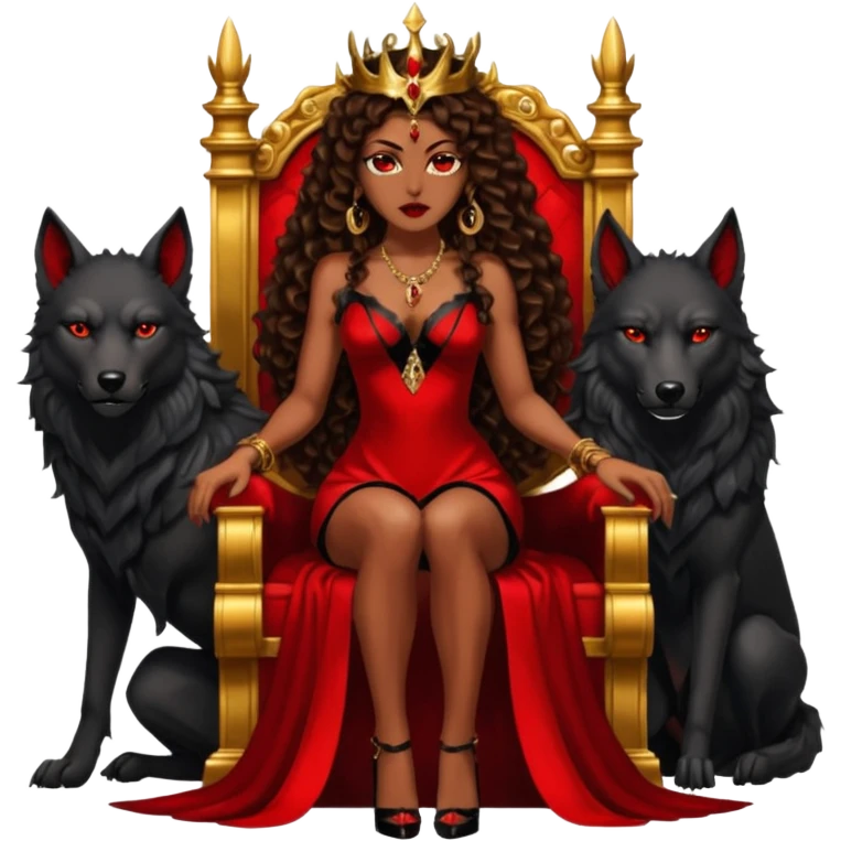 Lilith symbol seductress evil brown curly long hair haired, sexy succubus woman with red and black Chanel dress sitting on a Black and gold throne. A large black wolf laying beside he emoji