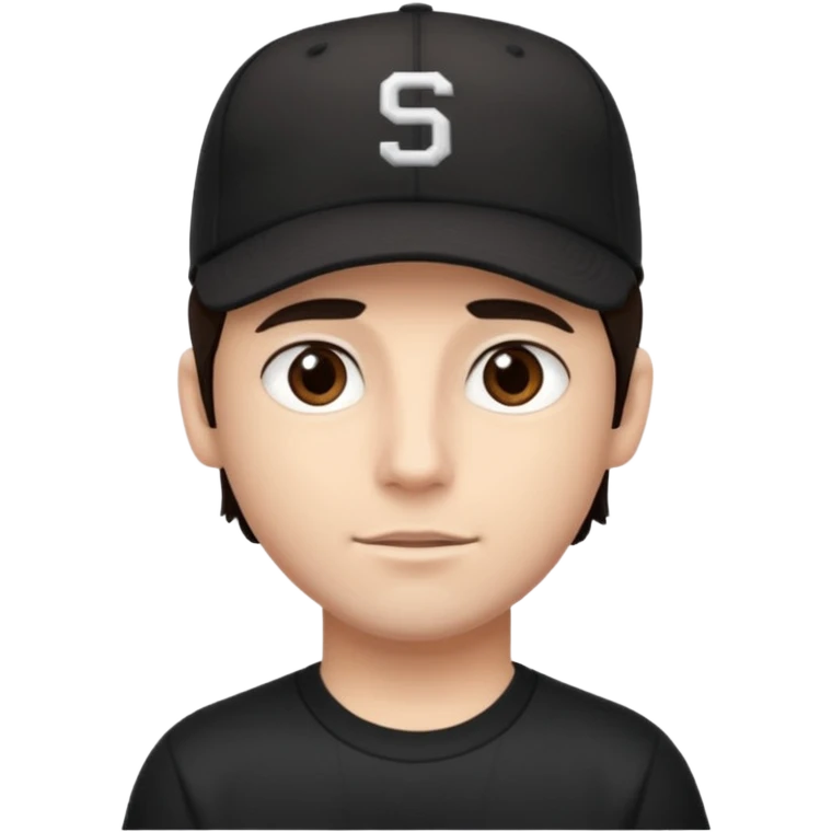 male, dark brown hair, dark brown eyes, fair skin, black baseball hat, dry fit tee emoji