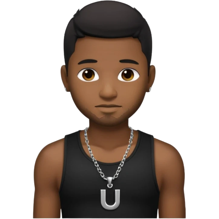 Usher black hair, black tank top with necklace with letter u emoji