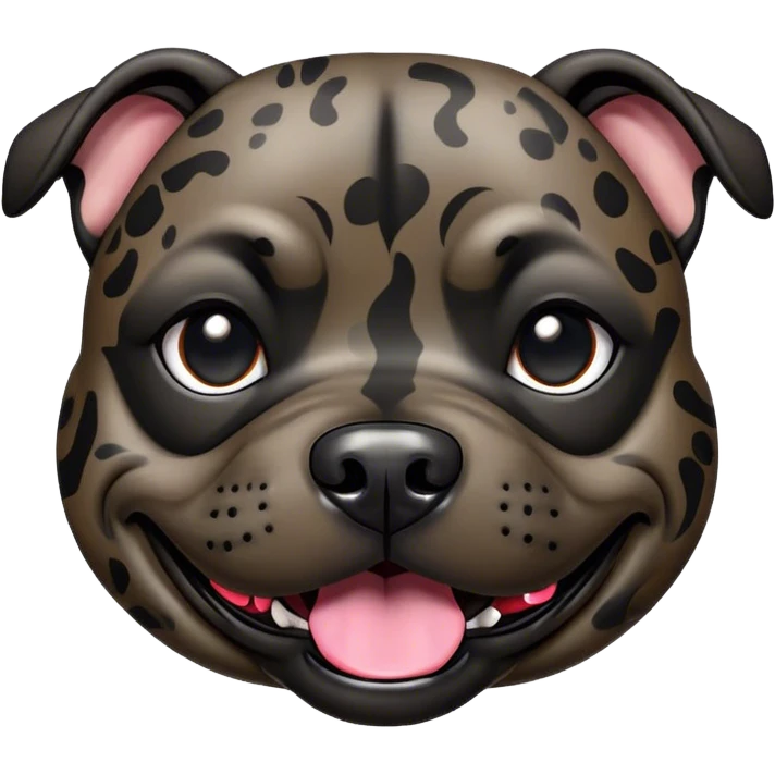 Cinematic Comical Black/Brindle Staffordshire Bull Terrier Portrait Emoji, Head tilted dramatically with an exaggeratedly amused expression, featuring a striking Fur with bold black and brindle patterns, wide, expressive dark eyes filled with playful disbelief, Simplified yet hilariously expressive features, highly detailed, glowing with a slightly sassy glow, high shine, dramatic yet playful, stylized with an air of cheeky mischief, bright and endearing, soft glowing outline, capturing the essence of a spirited and over-the-top guardian, so meme-worthy it feels like it could side-eye its way into internet fame instantly! emoji