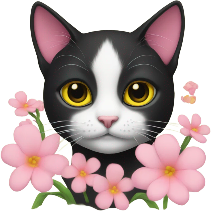 Black cat yellow eyes with pink flowers  emoji