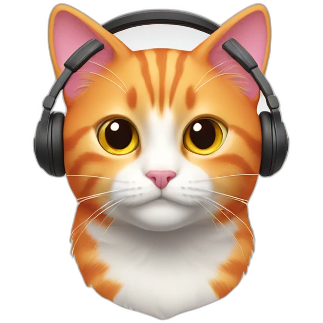 orange cat, pink nose, white nose bridge, white mouth, white chest, red headphones emoji