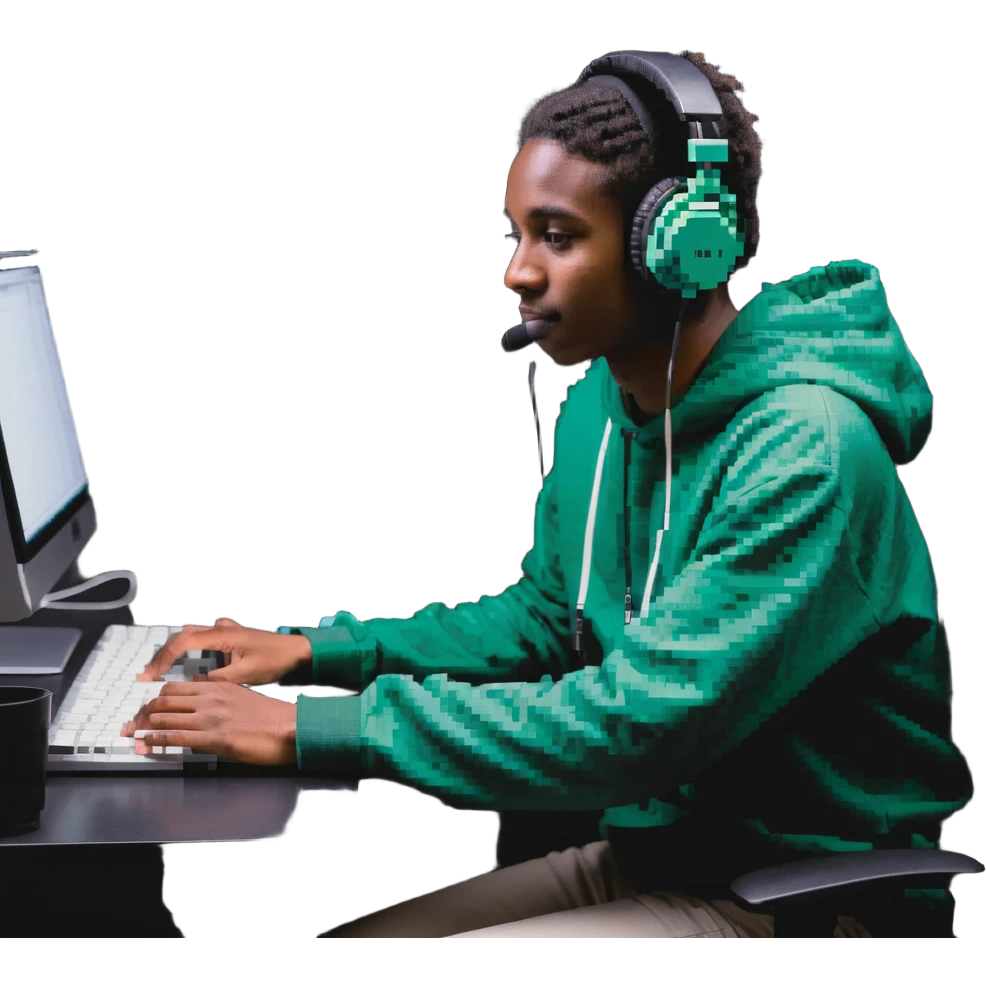 Person with headphones at computer desk recording video emoji