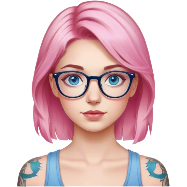 Hyper Realistic edgy model, pale woman, pink balayage hair, blue eyes and glasses, shoulder tattoo  emoji