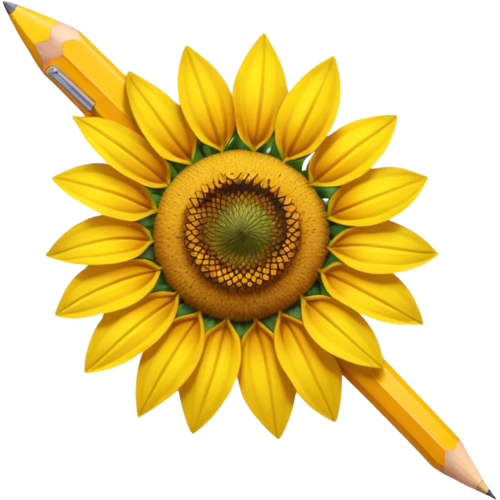 A hyper-realistic object that is half sunflower and half wooden pencil, merging seamlessly at the midpoint. Bright yellow petals, natural textures, detailed graphite tip, soft studio lighting, high-resolution. emoji