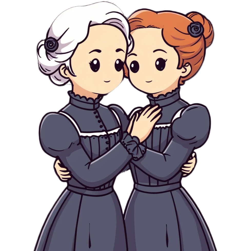 Two Victorian women with light eyes, one with white coiffed hair and one with copper coiffed hair, wearing Victorian high-neck dresses, embracing in a sad intimate hug emoji