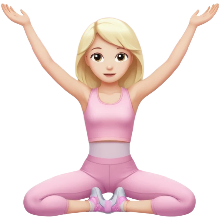 angelic blonde girl stretching in light pink gym with sparkles emoji