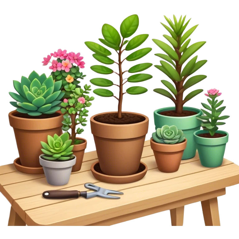 Close-up of a potted sapling with vibrant flowering plants around it, in rich soil. Sunlight filters through the window, casting soft shadows. Cozy indoor garden with blooming flowers, succulents, and gardening tools placed neatly on a wooden table. emoji