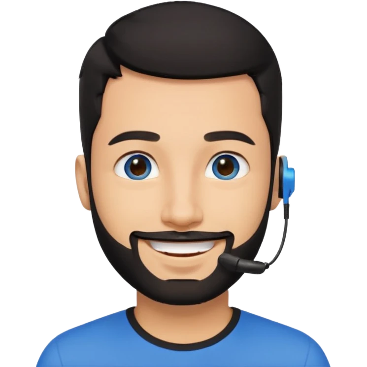 Man 30, black short hair, blue eyes and black short bears, on earpiece emoji