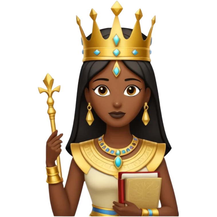 A graceful pharaoh queen wearing a tall crown, elegant posture, and holding a small sacred scroll.
 emoji