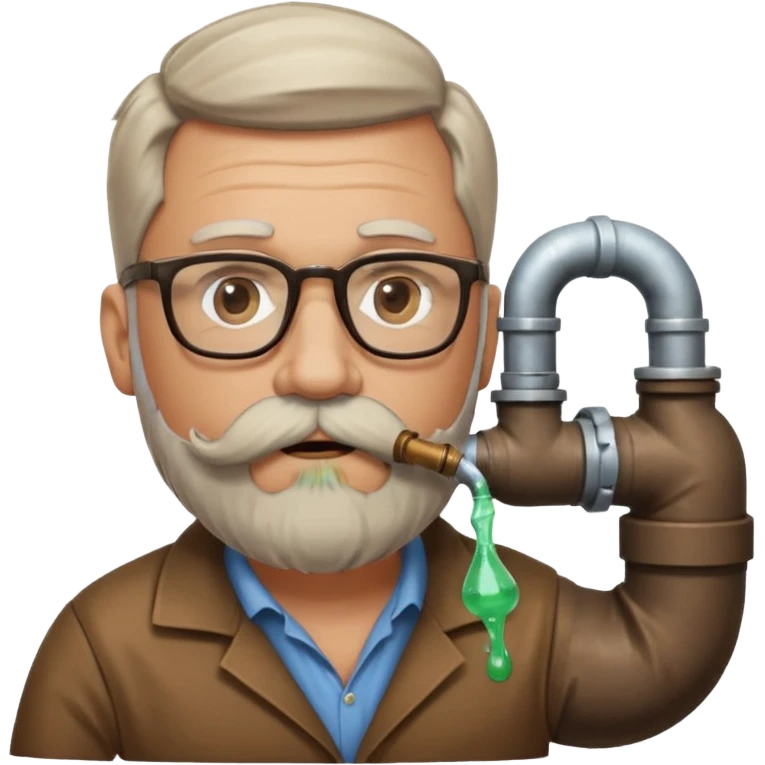 50 year old bearded and moustached white male wearing glasses. In his mouth is a sewer pipe and out the end is flowing brown liquid into a street gutter. emoji