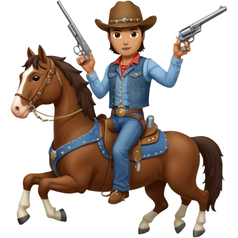 I need a very muscular brunette cowboy riding a large Clydesdale horse shooting a gun in both handles. emoji