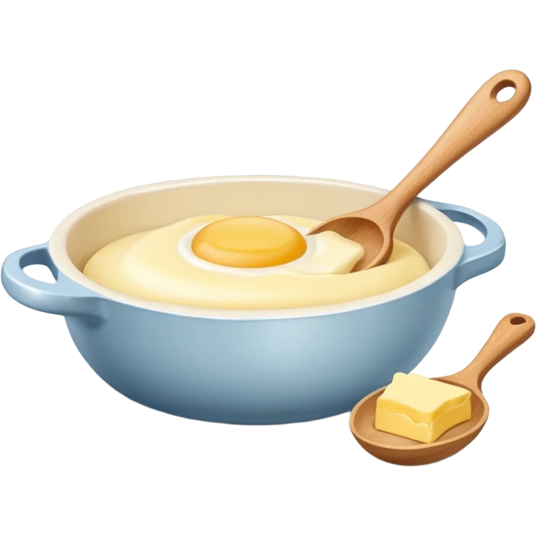 A cream ceramic baking bowl with a wooden spoon in it, next to it is a carton of eggs and butter emoji