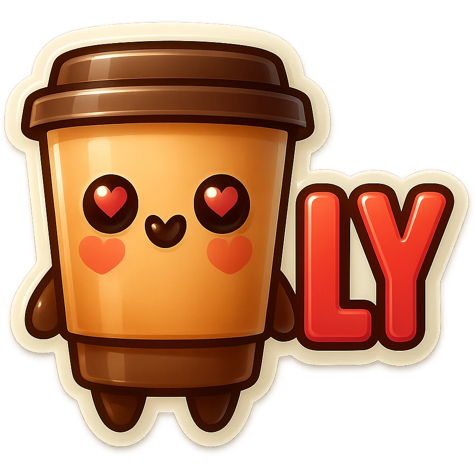 Tall coffee cup, no mouth, big heart eyes, giant sign "ILY" emoji