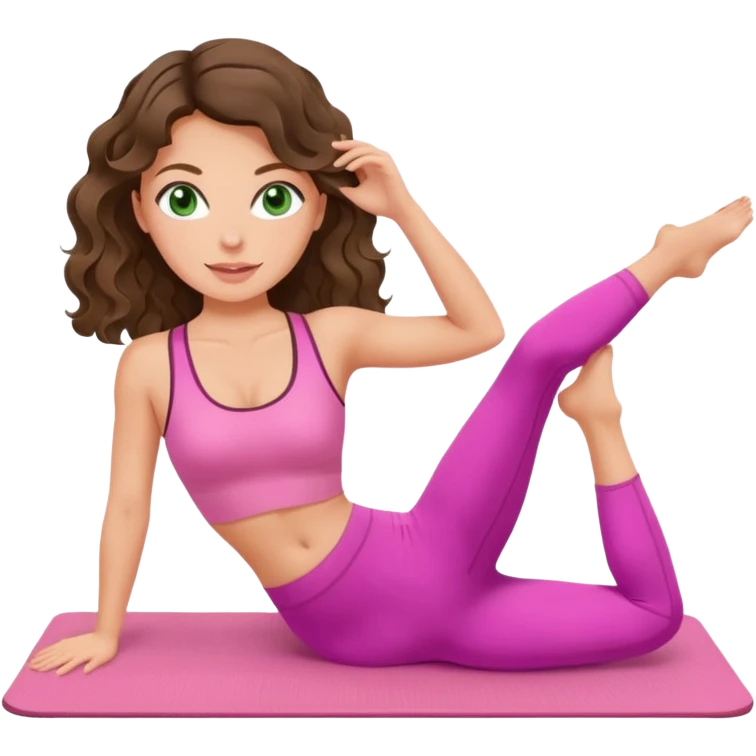 White, green-eyed, brunette cute feminine lady emoji with wavy hair doing pilates wearing pink pilates fit emoji