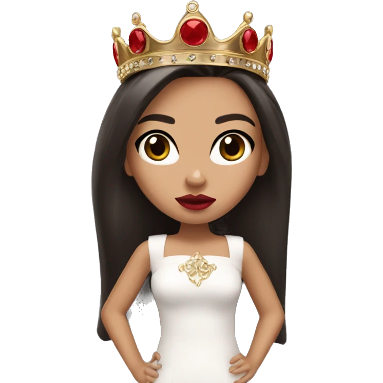 Bratz Girl has straight dark hair and dark brown eyes wearing a crown with red lipstick on her lips emoji