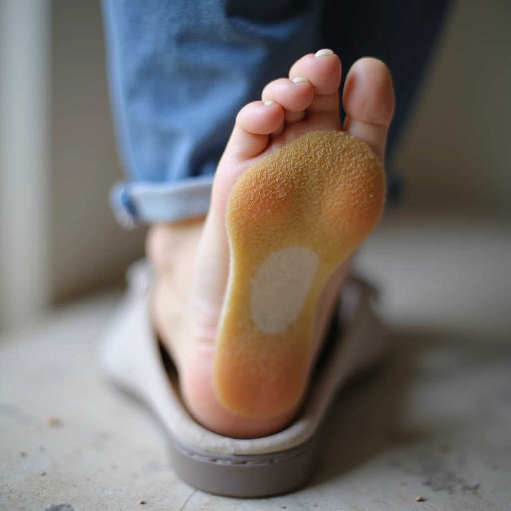 close-up of woman's foot with orthopedic insole inserted in shoe, signs of redness or pressure, realistic style, white background emoji
