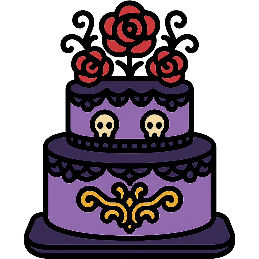Gothic cake decorated with black lace, dark roses, tiny skulls, and ornate gothic filigree, no background, in a color outline icon style. emoji