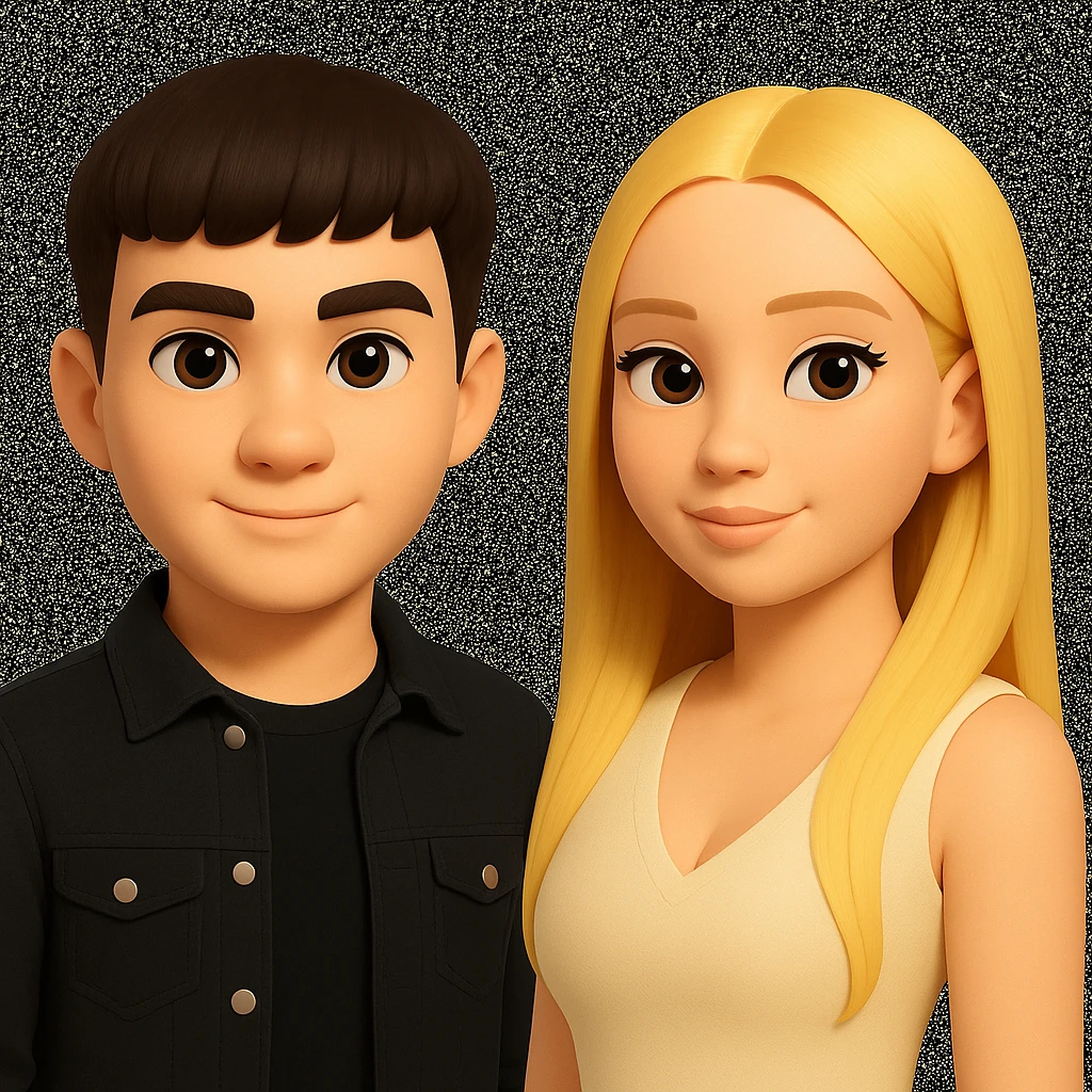 Slightly increase the volume of the upper body of the girl, separate the girl and the boy from each other, and make the skin color the same for both characters. Maintain the cartoonish 3D style as in the reference image. emoji