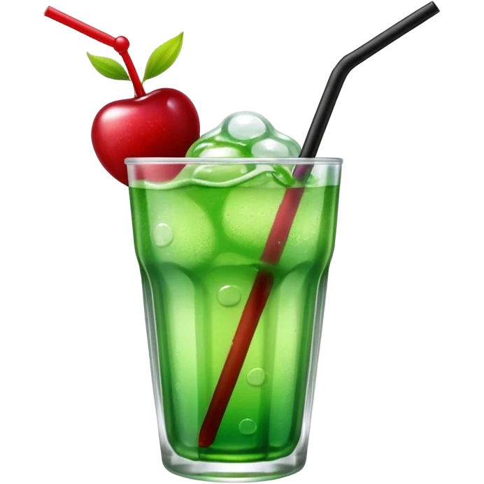 Create an emoji with a clear rounded glass, bright transparent green soda with fine bubbles, a smooth vanilla scoop, a glossy red cherry, and a black straw, using vibrant colors, soft shading, and clear glass highlights.
 emoji