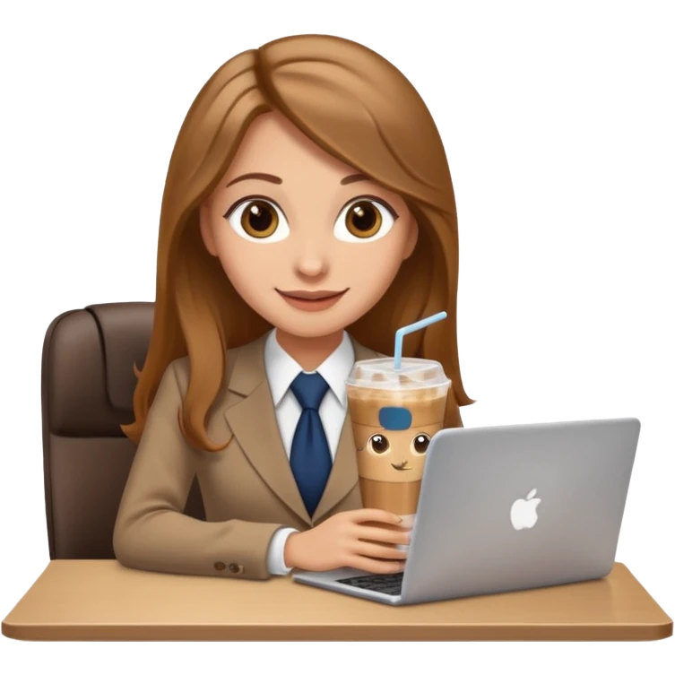Women in front of laptop with a happy face, long light brown hair, light brown big eyes, light skin with a iced coffee on the side, business attire emoji