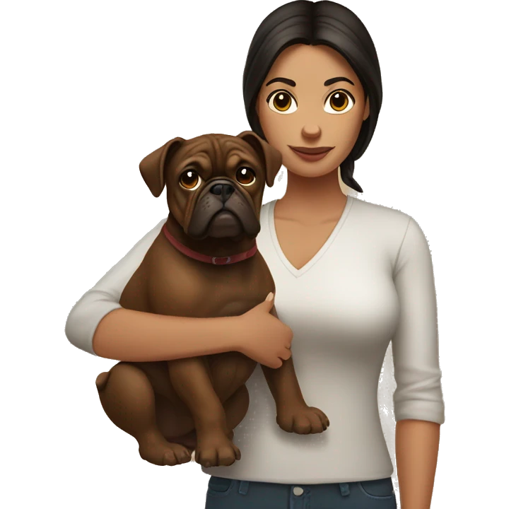 Woman with dark hair holding a brown bulldog with dark brown face emoji