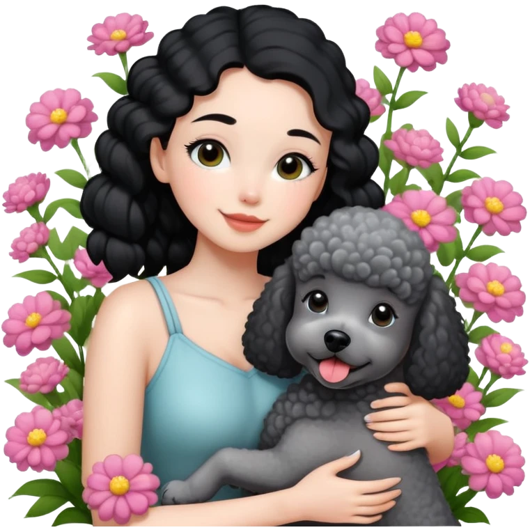 A beautiful girl with black ponytail happily hugs a gray poodle in the flowers emoji