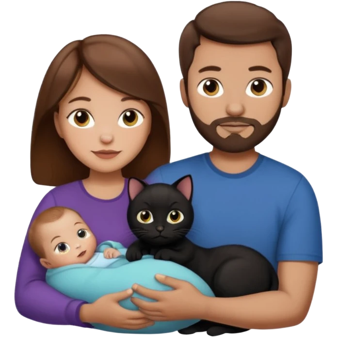 1 mom brown hair, 1 dad no beard, 1 baby and 1 black cat emoji