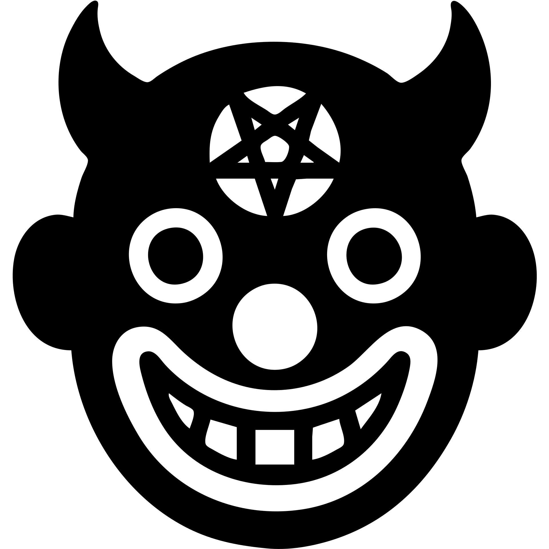 black-filled symbol with grinning clown face, devil horns, and subtle pentagram, representing a group of sinister clown characters emoji