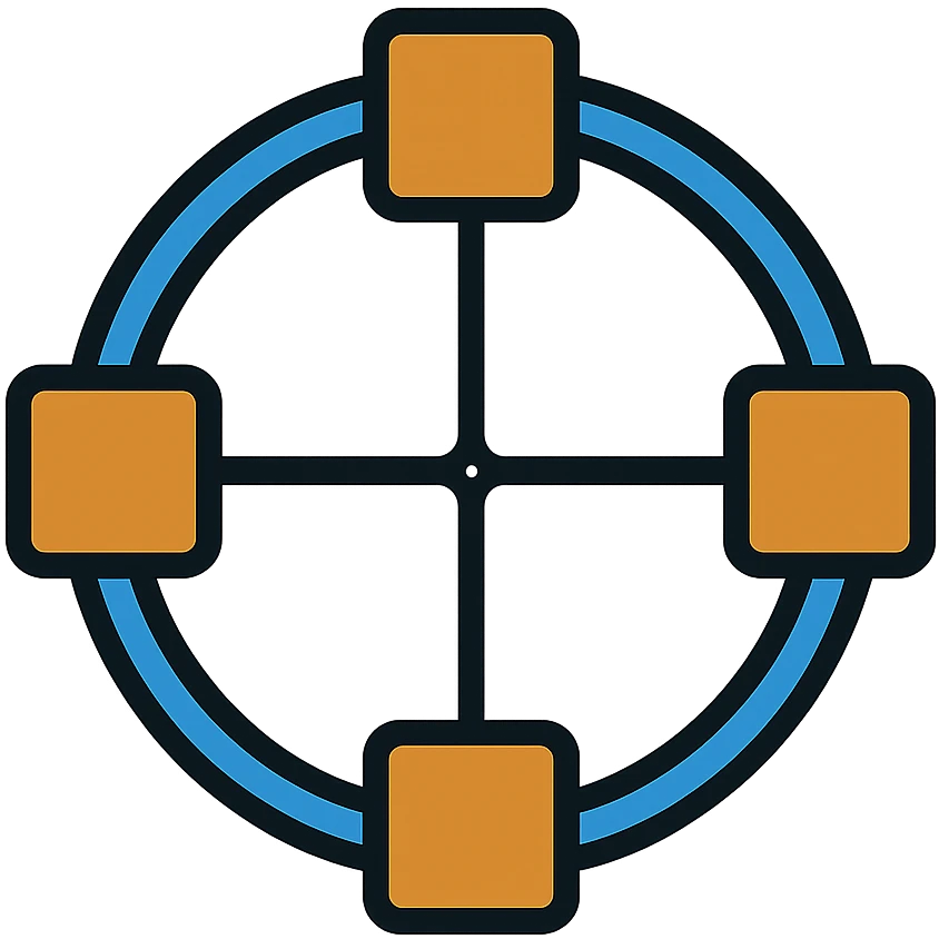 network in a circle form with blue lines and realistic brown boxes at intersection points emoji
