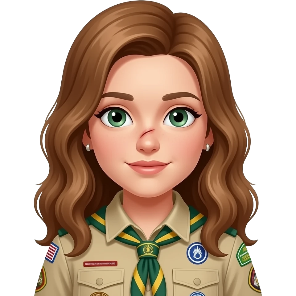draw a girl in scout uniform with light brown ,wavy , long hair and green eyes and a scar on her nose she has also some earrings and the hair is flat emoji