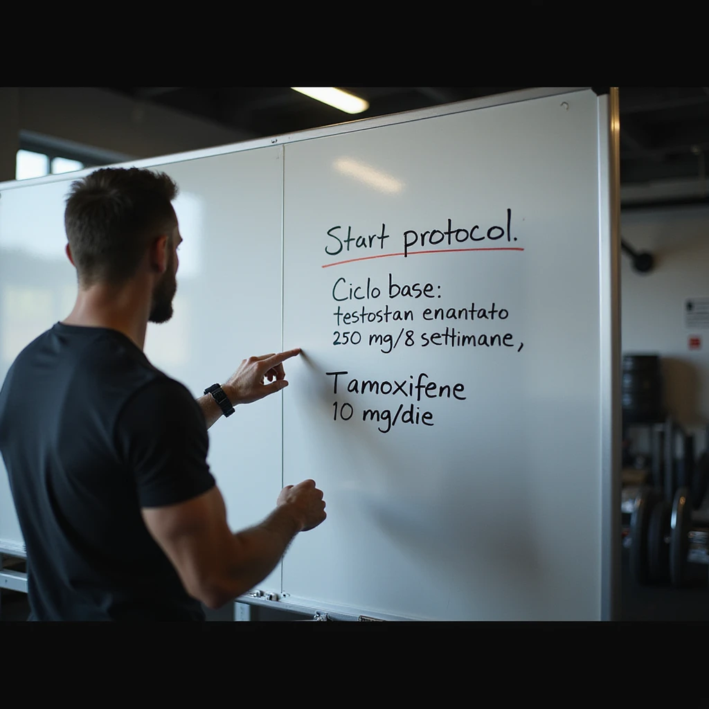 Cycle start protocol written on a gym whiteboard, clearly readable text: 'Ciclo base: testosterone enantato 250 mg/settimana, 8 settimane, tamoxifene 10 mg/die.' Coach pointing at the whiteboard, professional atmosphere, hyperrealistic 4K details. emoji
