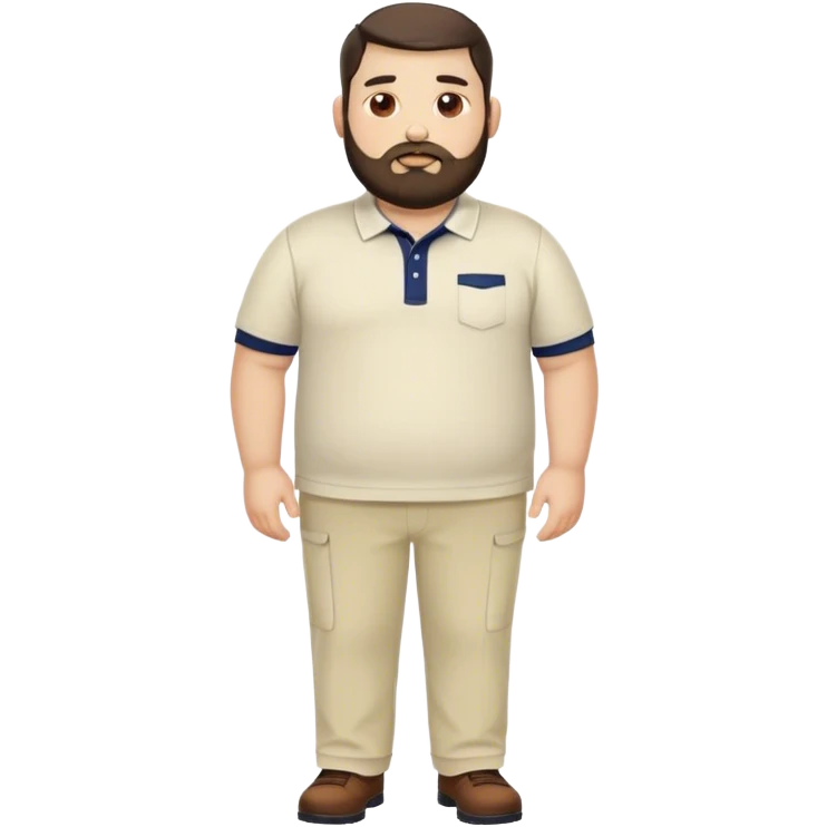 big man with medium size body a short full beard and short hair, dark hair light skin and chubby face with shaped beard. i like to wear polo shirt with creme pants, no chans no, ring no accesories emoji