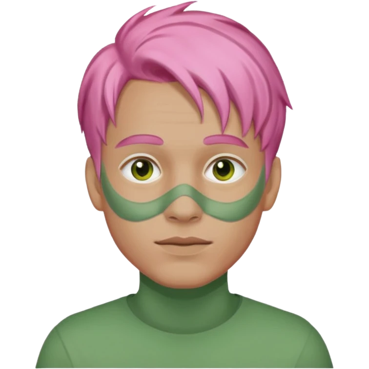 pink haired man with full full face green clay mask emoji