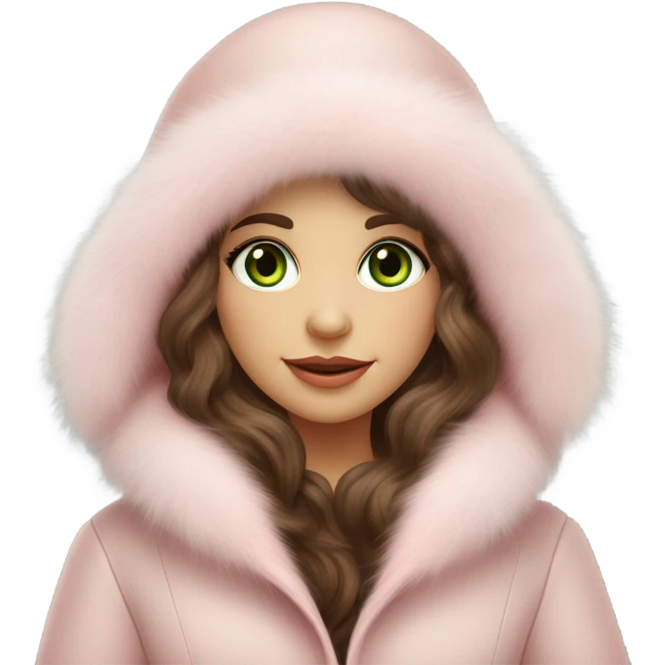 Beautiful Slavic green eyes girl with brown wavy long hair in a big light pink fur hat and matching Mink fur coat emoji