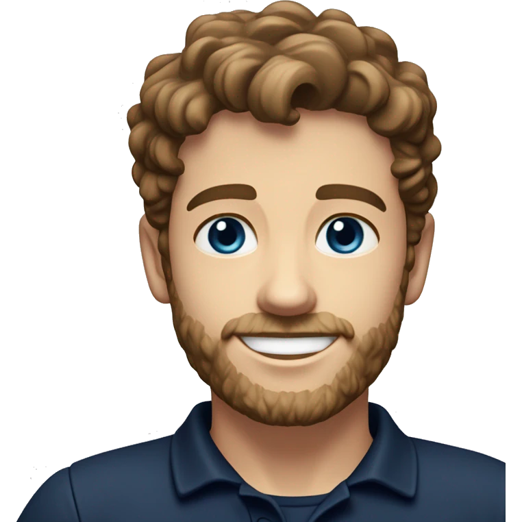 young man with short, curly brown hair and a trimmed beard. He has blue eyes and a fair complexion. He is smiling softly and is wearing a dark navy blue polo shirt with white buttons. emoji