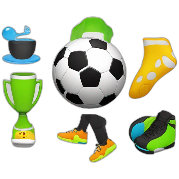 make a circle logo with all shapes of a Soccer ball, person running, wakeboard, Weird emoji, and swig cup emoji