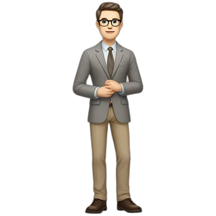 Full height Actively Gesturing Pale skinned fit man with dark brown hair in gray jacket, beige office shirt, brown tie, brown pants and vintage glasses. emoji