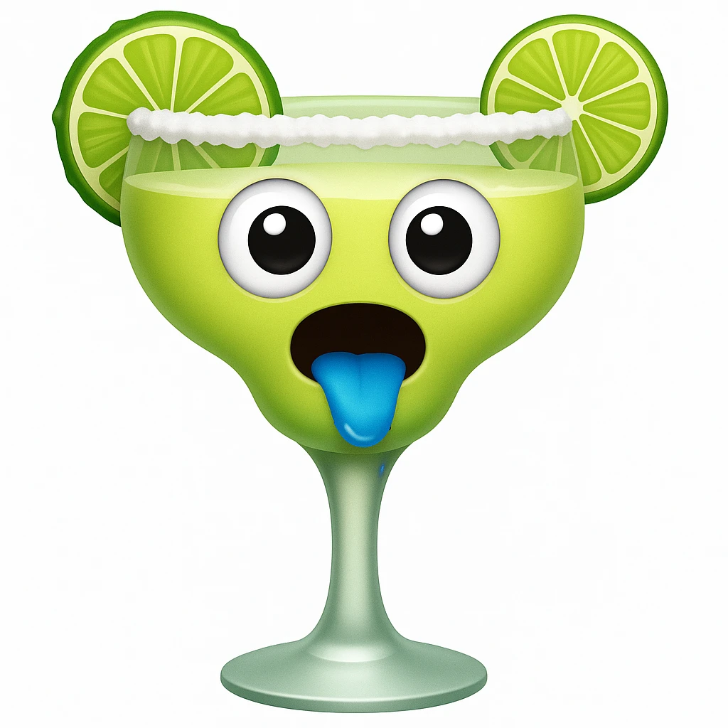Make the margarita glass apple emoji anthropomorphic by adding a drooling face with big eyes and drool, consistent with the apple emoji style. Keep the style and look similar to apple emojis. emoji