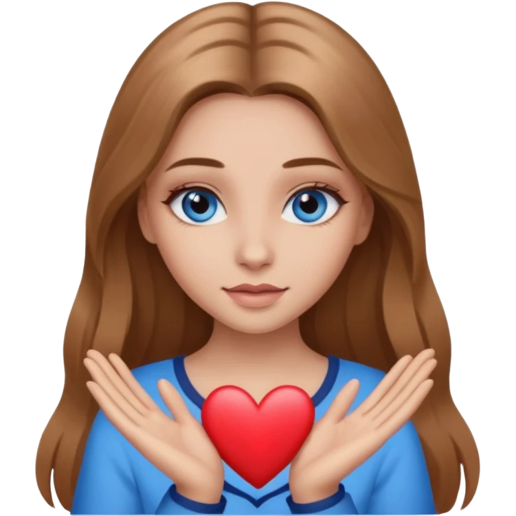 A girl with makeup, long light brown hair, blue eyes with a heart and her hands  emoji